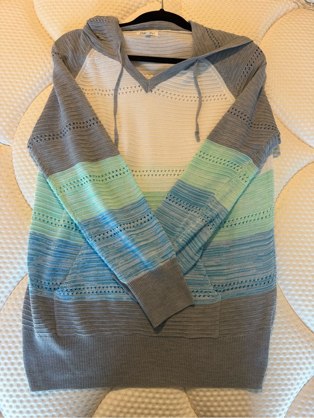 Striped Hooded Knit Sweater - Gray, White & Aqua